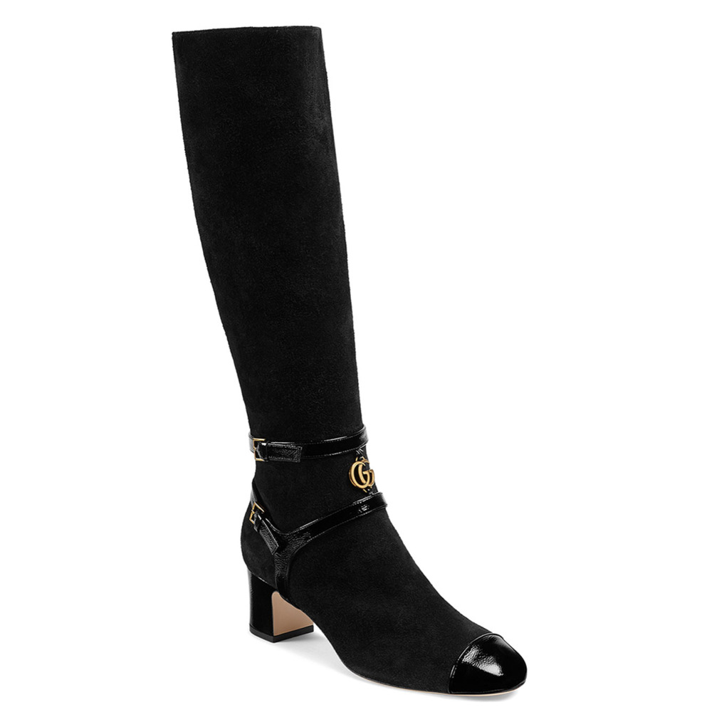 Gucci Geraldine 55 Black Suede Patent GG Gold Logo Low Heel Knee High Boot 35 - Picture 2 of 12